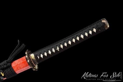 Katana T10 Folded Clay Tempered Steel with Hadori Polish and Full Red Ray Skin Saya With Buffalo Horn Fittings - Image 9