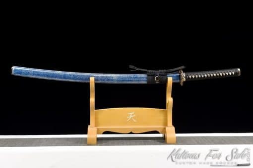 Katana T10 Folded Clay Tempered Steel with Hadori Polish and Full Blue Ray Skin Saya With Buffalo Horn Fittings - Image 5