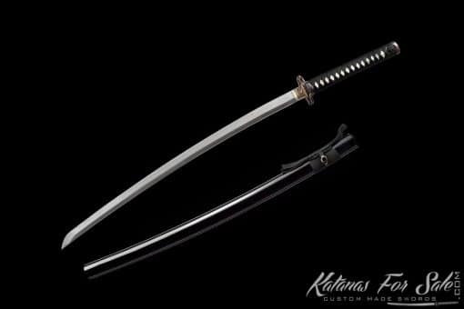 Katana Sword T10 Folded Steel with Twisted Grain Pattern and Gloss Black Hardwood Saya - Image 3
