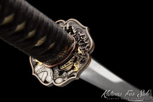 Katana T10 Folded Clay Tempered Steel with Hadori Polish and Full Red Ray Skin Saya With Buffalo Horn Fittings - Image 4