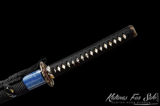Katana T10 Folded Clay Tempered Steel with Hadori Polish and Full Blue Ray Skin Saya With Buffalo Horn Fittings - Image 7