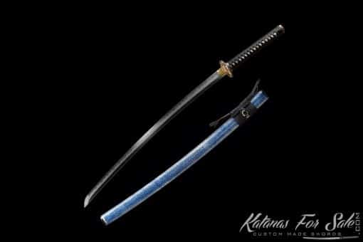 Katana T10 Folded Clay Tempered Steel with Hadori Polish and Full Blue Ray Skin Saya With Buffalo Horn Fittings - Image 6
