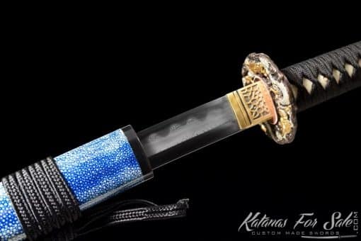 Katana T10 Folded Clay Tempered Steel with Hadori Polish and Full Blue Ray Skin Saya With Buffalo Horn Fittings
