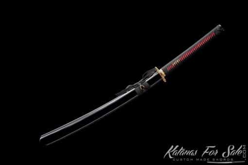 Nagamaki Blade 9260 Spring Steel with Red Acid Dye and Gloss Black Hardwood Saya - Image 3