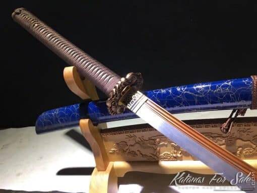 Nagamaki 9260 Spring Steel with Red Acid Dye and Blue And Gold Line Saya - Image 2
