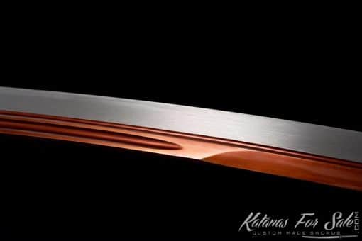 Nagamaki Blade 9260 Spring Steel with Red Acid Dye and Gloss Black Hardwood Saya - Image 5