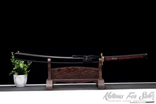Nagamaki Sword T10 Clay Tempered Steel with Gloss Black Hardwood Saya - Image 8