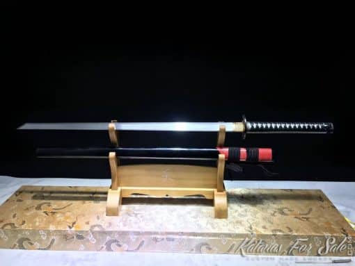 Ninjato Sword T10 Folded Steel with Twisted Grain Pattern and Black Semi Red Ray Skin Saya With Buffalo Horn Fittings - Image 3