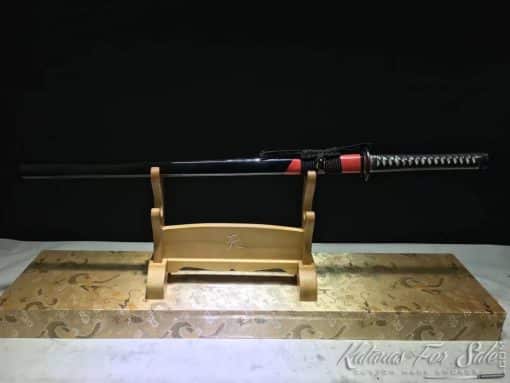 Ninjato Sword T10 Folded Steel with Twisted Grain Pattern and Black Semi Red Ray Skin Saya With Buffalo Horn Fittings - Image 4