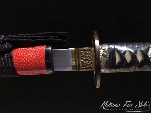 Ninjato Sword T10 Folded Steel with Twisted Grain Pattern and Black Semi Red Ray Skin Saya With Buffalo Horn Fittings - Image 7