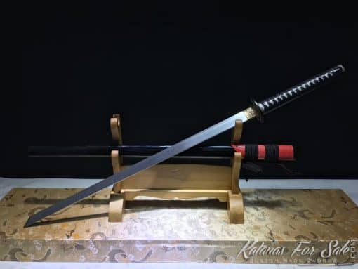 Ninjato Sword T10 Folded Steel with Twisted Grain Pattern and Black Semi Red Ray Skin Saya With Buffalo Horn Fittings - Image 2