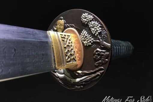 Ninjato Sword T10 Folded Steel with Twisted Grain Pattern and Black Semi Red Ray Skin Saya With Buffalo Horn Fittings