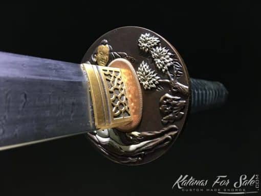 Ninjato Sword T10 Folded Steel with Twisted Grain Pattern and Black Semi Red Ray Skin Saya With Buffalo Horn Fittings
