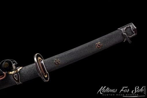 Tachi Sword T10 Folded Clay Tempered Steel with Feather Hadori Polish and Full Black Ray Skin Saya With Copper Fittings - Image 10