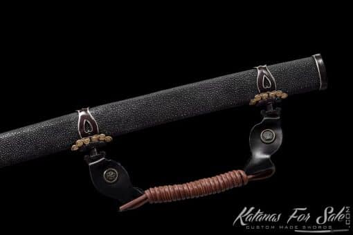 Tachi Sword T10 Folded Clay Tempered Steel with Feather Hadori Polish and Full Black Ray Skin Saya With Copper Fittings - Image 12