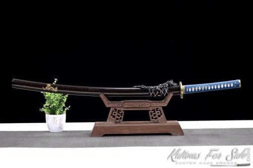 Katana 1060 Carbon Steel with Blue Acid Dye and Black Sparkle Dots Dragon Saya - Image 9