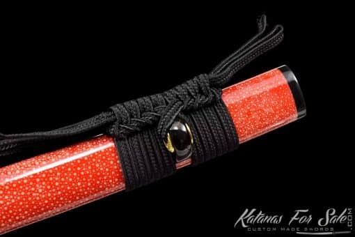 Katana T10 Folded Clay Tempered Steel with Hadori Polish and Full Red Ray Skin Saya With Buffalo Horn Fittings - Image 10