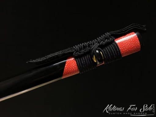 Ninjato Sword T10 Folded Steel with Twisted Grain Pattern and Black Semi Red Ray Skin Saya With Buffalo Horn Fittings - Image 9