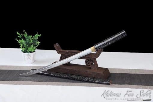 Shirasaya Wakizashi 1060 Carbon Steel with Sparkle White On Gloss Black Hardwood Saya
