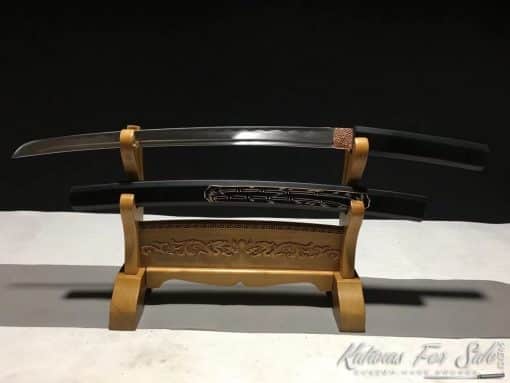 Shirasaya Wakizashi 1060 Carbon Steel with Matt Black Hardwood Saya and Hand Engraved Bamboo Tree - Image 2