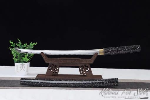 Shirasaya Wakizashi 1060 Carbon Steel with Sparkle White On Gloss Black Hardwood Saya - Image 3