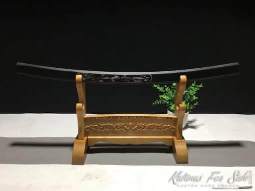 Shirasaya Wakizashi 1060 Carbon Steel with Matt Black Hardwood Saya and Hand Engraved Bamboo Tree - Image 5