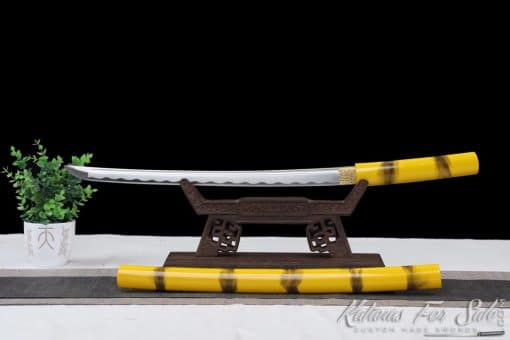 Shirasaya Wakizashi 1060 Carbon Steel with Black and Yellow Pattern Hardwood Saya - Image 5