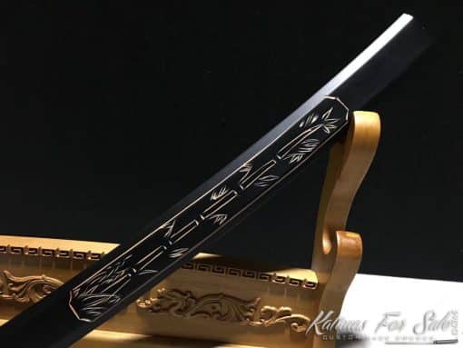 Shirasaya Wakizashi 1060 Carbon Steel with Matt Black Hardwood Saya and Hand Engraved Bamboo Tree - Image 6