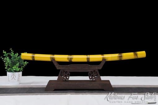 Shirasaya Wakizashi 1060 Carbon Steel with Black and Yellow Pattern Hardwood Saya - Image 3