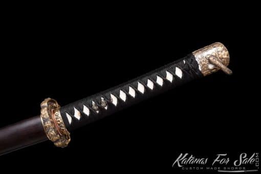 Tachi Sword T10 Folded Clay Tempered Steel with Ebony Hand Carved Blossom Saya, Brass Fittings  And Elegant Brown Tassel - Image 10