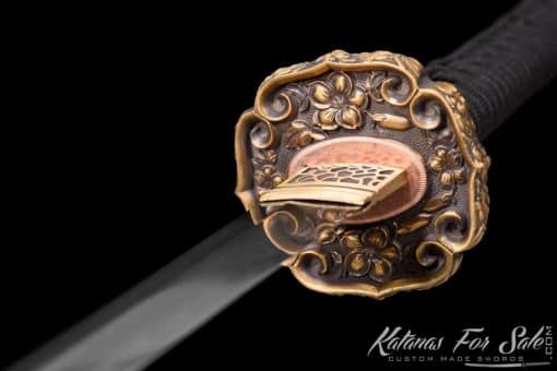 Tachi Sword T10 Folded Clay Tempered Steel with Ebony Hand Carved Blossom Saya, Brass Fittings  And Elegant Brown Tassel - Image 5