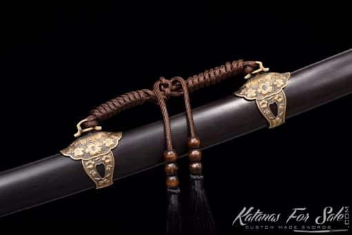 Tachi Sword T10 Folded Clay Tempered Steel with Ebony Hand Carved Blossom Saya, Brass Fittings  And Elegant Brown Tassel - Image 11