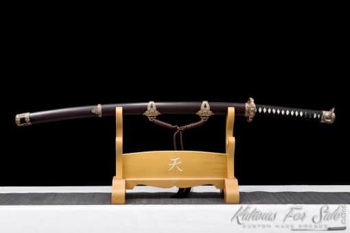 Tachi Sword T10 Folded Clay Tempered Steel with Ebony Hand Carved Blossom Saya, Brass Fittings  And Elegant Brown Tassel - Image 4