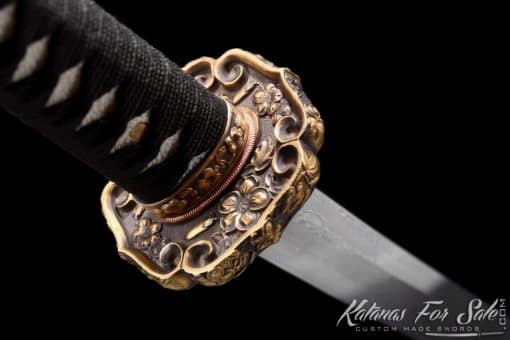 Tachi Sword T10 Folded Clay Tempered Steel with Ebony Hand Carved Blossom Saya, Brass Fittings  And Elegant Brown Tassel - Image 6