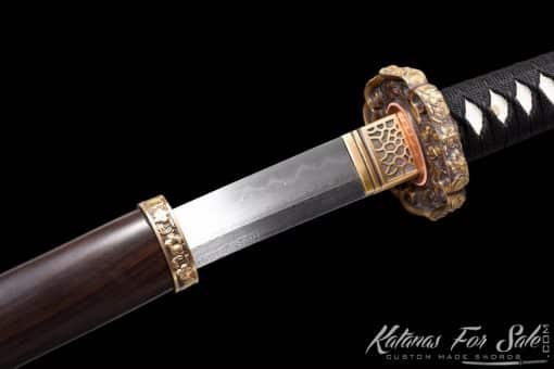 Tachi Sword T10 Folded Clay Tempered Steel with Ebony Hand Carved Blossom Saya, Brass Fittings  And Elegant Brown Tassel