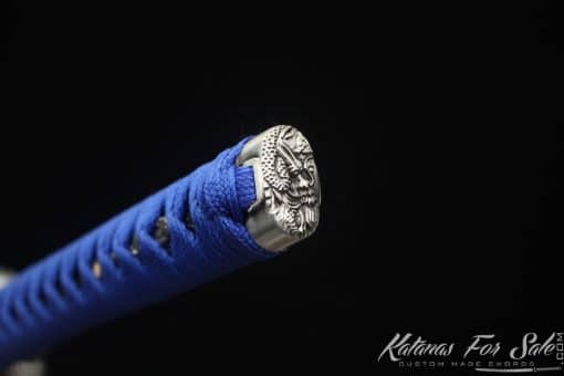 Katana 9260 Spring Steel with Black Acid Dye and Black and Blue Laquared Hardwood Saya - Image 6