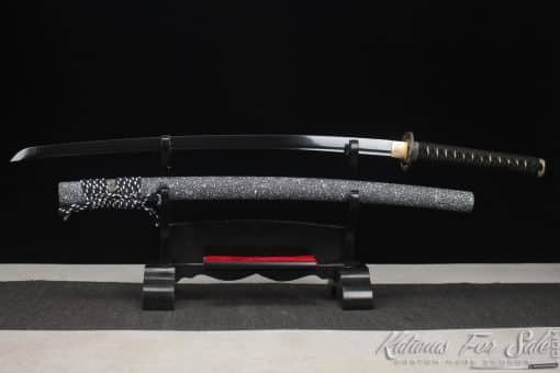 Katana 1095 Folded Steel with Black Acid Dye and Black and White Hardwood Saya