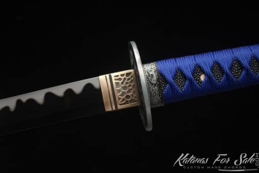 Katana 9260 Spring Steel with Black Acid Dye and Black and Blue Laquared Hardwood Saya - Image 3
