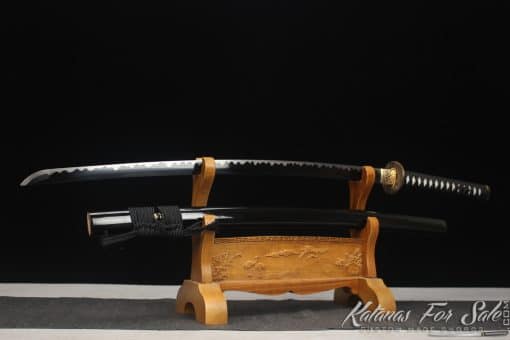 Katana Sword 1060 Carbon Steel with Black Acid Dye and Gloss Black hardwood Saya - Image 4