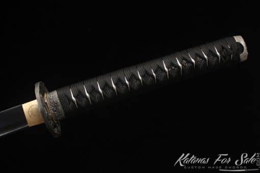 Katana 1095 Folded Steel with Black Acid Dye and Black and White Hardwood Saya - Image 7
