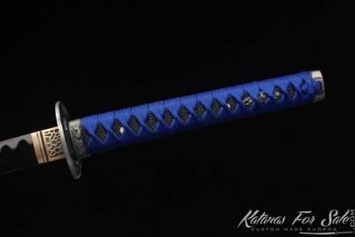 Katana 9260 Spring Steel with Black Acid Dye and Black and Blue Laquared Hardwood Saya - Image 7
