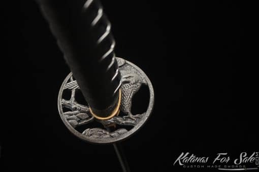 Katana 1095 Folded Steel with Black Acid Dye and Black and White Hardwood Saya - Image 3