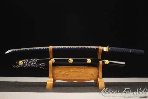 Katana 1060 Carbon Steel with Blue Acid Dye and Black Japanese Crest Hardwood Saya