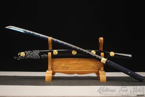 Katana 1060 Carbon Steel with Blue Acid Dye and Black Japanese Crest Hardwood Saya - Image 3