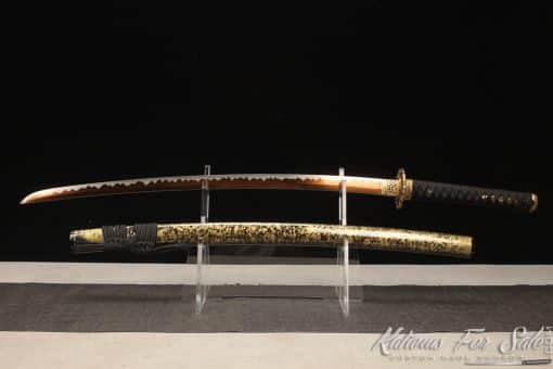 Japanese Katana Sword 1060 Carbon Steel with Gold Acid Dye and Black and Gold Mixed Hardwood Saya