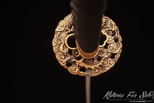 Japanese Katana Sword 1060 Carbon Steel with Gold Acid Dye and Black and Gold Mixed Hardwood Saya - Image 6