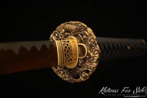 Japanese Katana Sword 1060 Carbon Steel with Gold Acid Dye and Black and Gold Mixed Hardwood Saya - Image 7