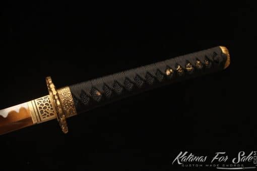 Japanese Katana Sword 1060 Carbon Steel with Gold Acid Dye and Black and Gold Mixed Hardwood Saya - Image 8