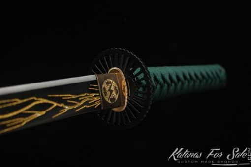 Katana 1060 Carbon Steel with engraved gold thunder pattern and Black and Splatter Green Hardwood Saya