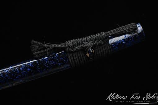 Katana 9260 Spring Steel with Black Acid Dye and Black and Blue Laquared Hardwood Saya - Image 9